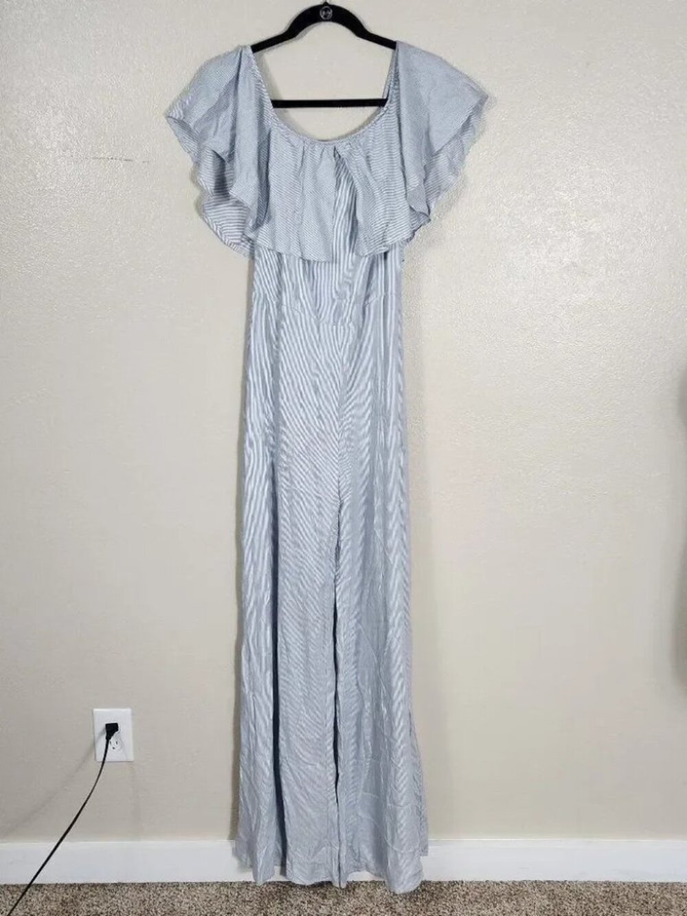 Wildfox Striped Off Shoulder Wide Leg Jumpsuit Blue White 100% Rayon L
